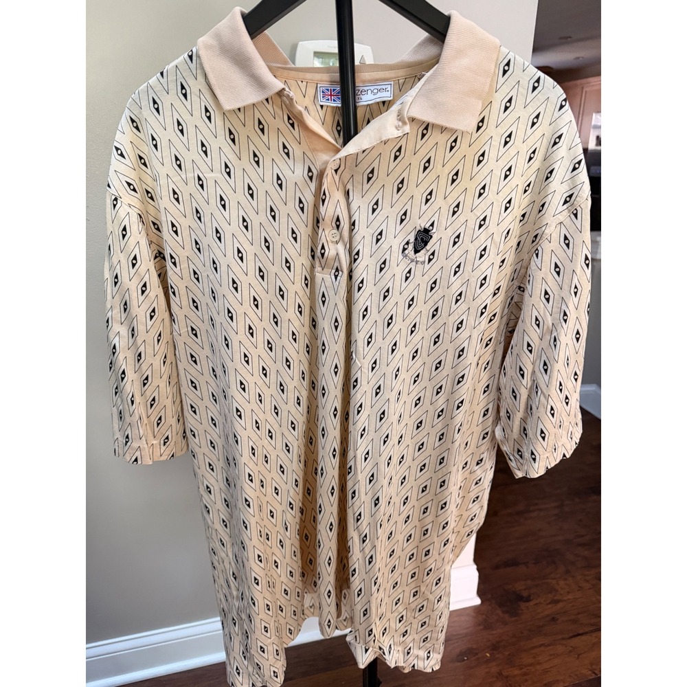 Slazenger Vintage Mens XL Polo Shirt Cream Geometric Diamond Print Cotton Golf‎